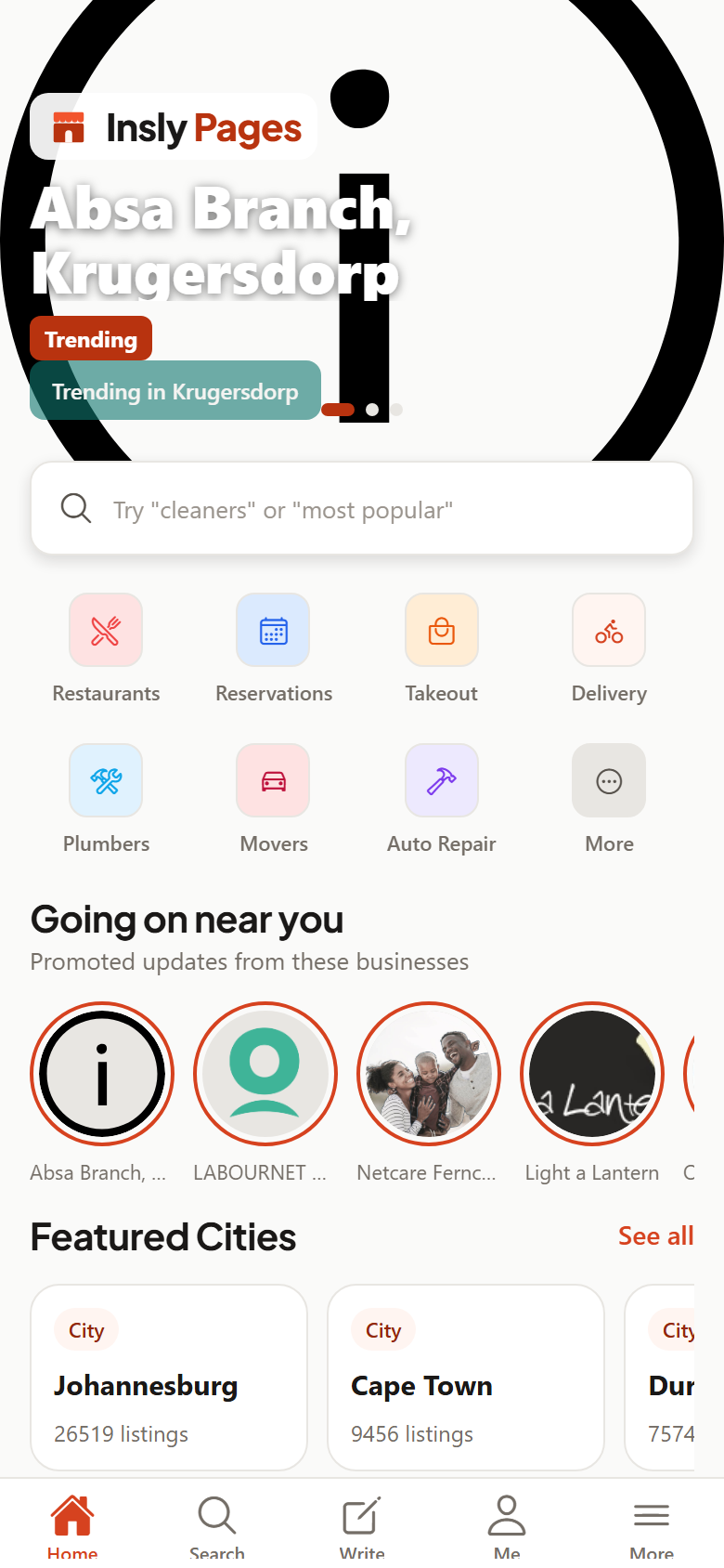 Home screen with search, categories and featured cities